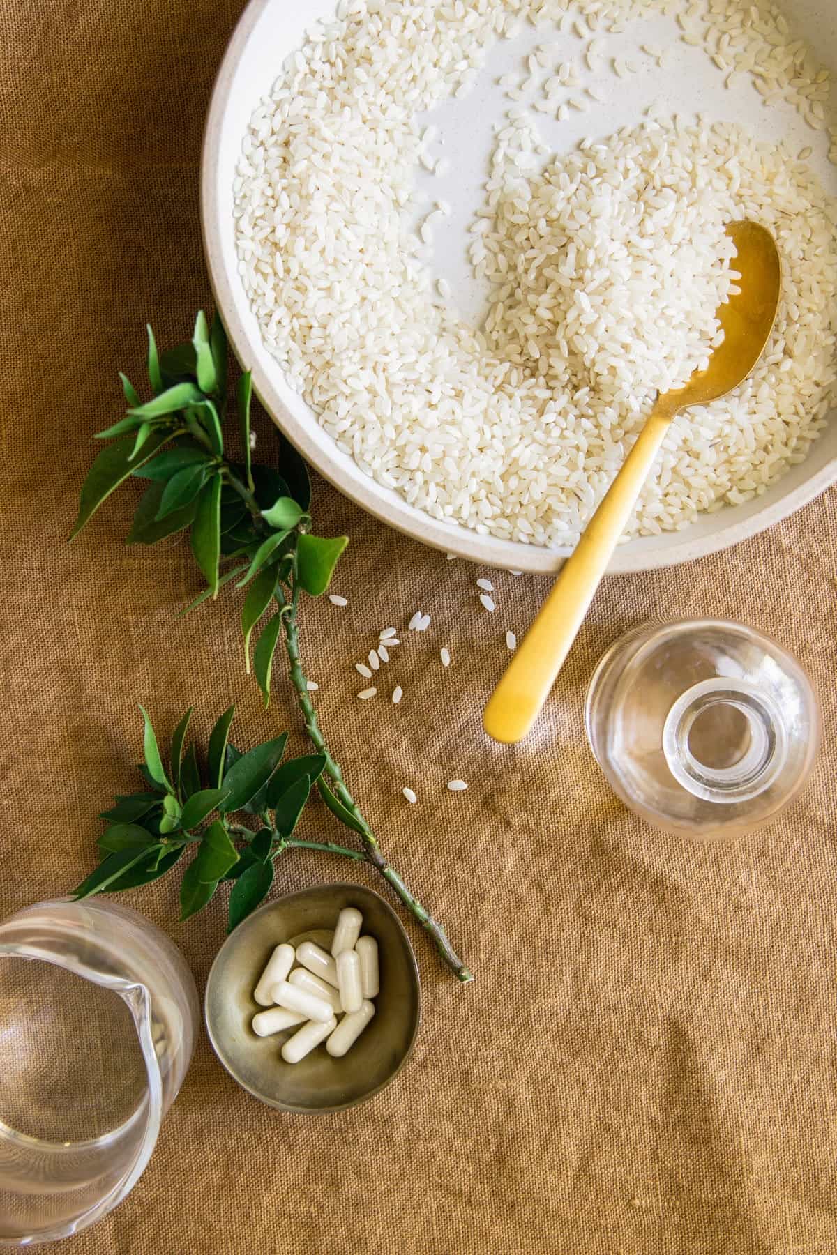Ingredients for making DIY rice water toner